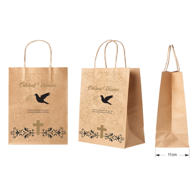 Pungă hârtie kraft NATUR pentru parastas, pomană, înmormântare „Porumbel cu Trandafiri” Odihnă Veşnică – mânere răsucite – 27 x 36(H) x 11 cm