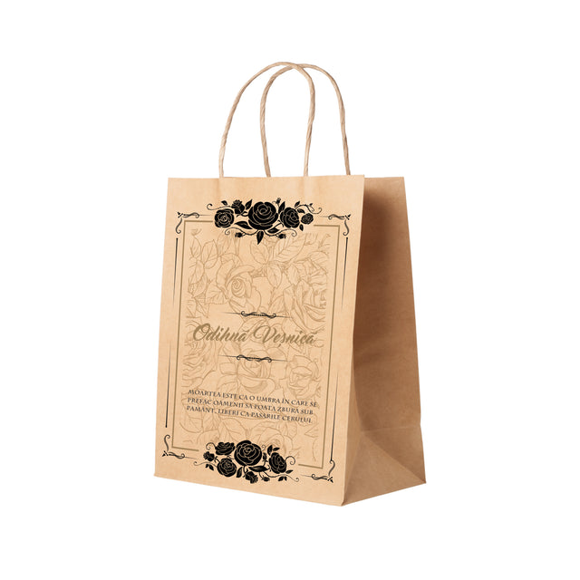Pungă hârtie kraft NATUR pentru parastas, pomană, înmormântare „Trandafiri Negri” Odihnă Veşnică – mânere răsucite – 27 x 36(H) x 11 cm