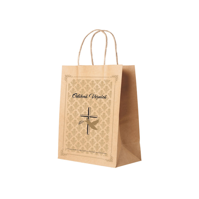 Pungă hârtie kraft NATUR pentru parastas, pomană, înmormântare „Porumbel Auriu” Odihnă Veşnică – mânere răsucite – 22 x 31(H) x 10 cm
