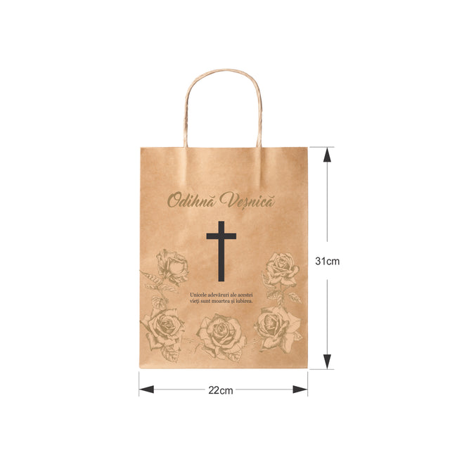 Pungă hârtie kraft NATUR pentru parastas, pomană, înmormântare „Trandafirii Aurii” Odihnă Veşnică – mânere răsucite – 22 x 31(H) x 10 cm