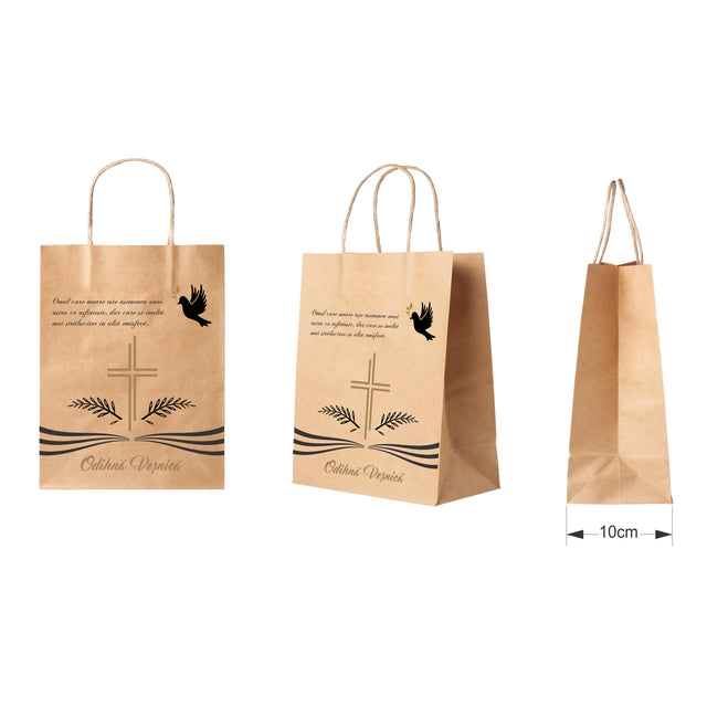 Pungă hârtie kraft NATUR pentru parastas, pomană, înmormântare „Porumbel Ceresc” Odihnă Veşnică – mânere răsucite – 22 x 31(H) x 10 cm