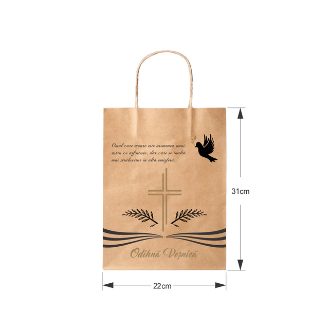 Pungă hârtie kraft NATUR pentru parastas, pomană, înmormântare „Porumbel Ceresc” Odihnă Veşnică – mânere răsucite – 22 x 31(H) x 10 cm