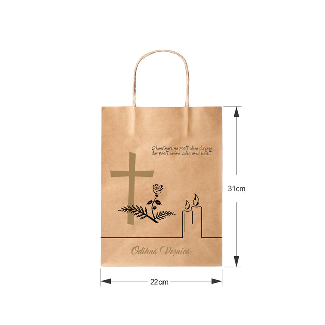 Pungă hârtie kraft NATUR pentru parastas, pomană, înmormântare „Lumânare şi Trandafir” Odihnă Veşnică – mânere răsucite – 22 x 31(H) x 10 cm