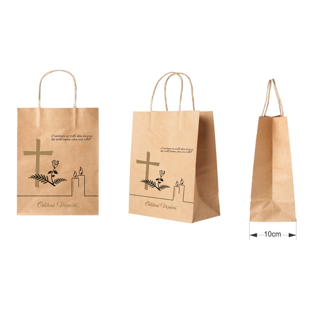 Pungă hârtie kraft NATUR pentru parastas, pomană, înmormântare „Lumânare şi Trandafir” Odihnă Veşnică – mânere răsucite – 22 x 31(H) x 10 cm