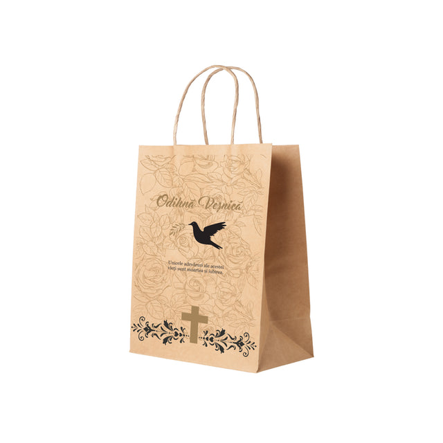 Pungă hârtie kraft NATUR pentru parastas, pomană, înmormântare „Porumbel cu Trandafiri” Odihnă Veşnică – mânere răsucite – 22 x 31(H) x 10 cm