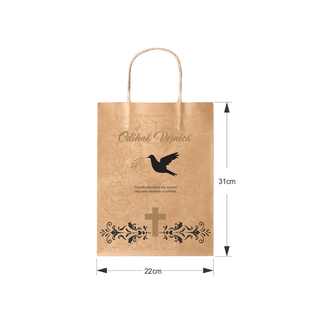Pungă hârtie kraft NATUR pentru parastas, pomană, înmormântare „Porumbel cu Trandafiri” Odihnă Veşnică – mânere răsucite – 22 x 31(H) x 10 cm