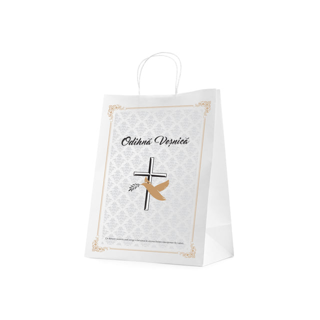Pungă hârtie kraft ALB pentru parastase, comemorări, înmormântări Odihnă Veșnică, mânere răsucite - Model 1 24 x 31(H) x 10cm