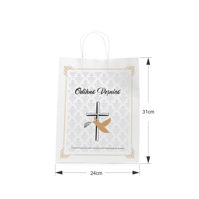 Pungă hârtie kraft ALB pentru parastase, comemorări, înmormântări Odihnă Veșnică, mânere răsucite - Model 1 24 x 31(H) x 10cm
