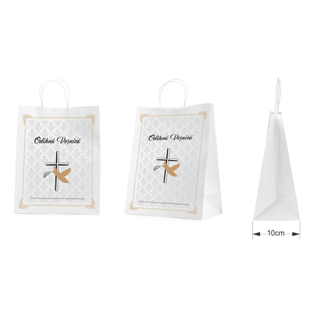 Pungă hârtie kraft ALB pentru parastase, comemorări, înmormântări Odihnă Veșnică, mânere răsucite - Model 1 24 x 31(H) x 10cm