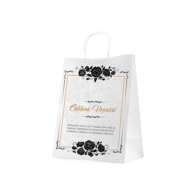 Pungă hârtie kraft ALB pentru parastase, comemorări, înmormântări Odihnă Veșnică, mânere răsucite - Model 7 24 x 31(H) x 10cm