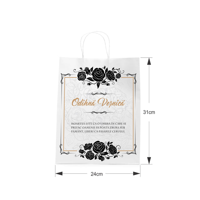 Pungă hârtie kraft ALB pentru parastase, comemorări, înmormântări Odihnă Veșnică, mânere răsucite - Model 7 24 x 31(H) x 10cm