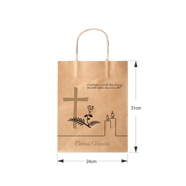 Pungă hârtie kraft NATUR pentru parastase, comemorări, înmormântări Odihnă Veșnică, mânere răsucite - Model 5 24 x 31(H) x 10cm