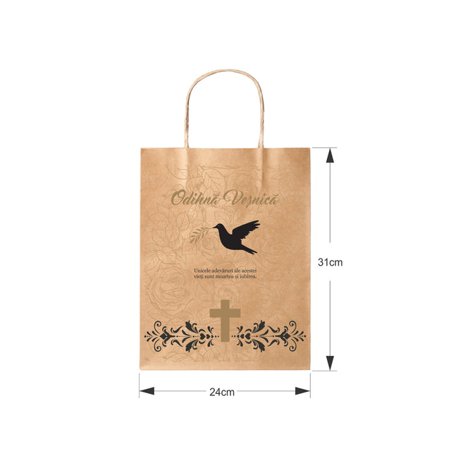 Pungă hârtie kraft NATUR pentru parastase, comemorări, înmormântări Odihnă Veșnică, mânere răsucite - Model 6 24 x 31(H) x 10cm