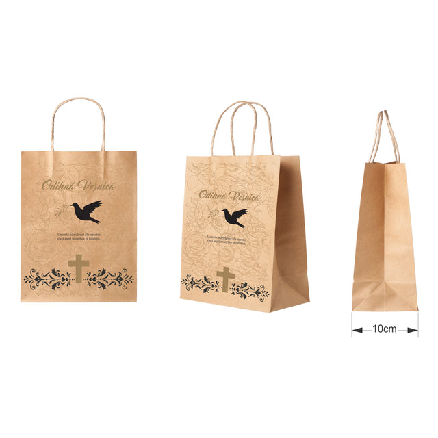 Pungă hârtie kraft NATUR pentru parastase, comemorări, înmormântări Odihnă Veșnică, mânere răsucite - Model 6 24 x 31(H) x 10cm