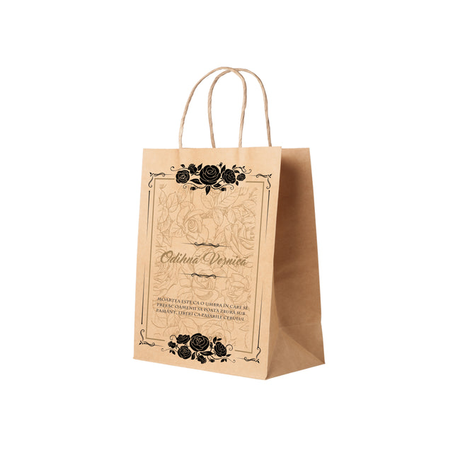 Pungă hârtie kraft NATUR pentru parastase, comemorări, înmormântări Odihnă Veșnică, mânere răsucite - Model 7 24 x 31(H) x 10cm