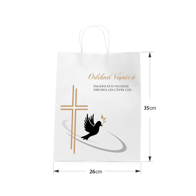 Pungă hârtie kraft ALB pentru parastas, pomană, înmormântare „Drumul Spre Cer” Odihnă Veşnică – mânere răsucite – 26 x 35(H) x 12 cm