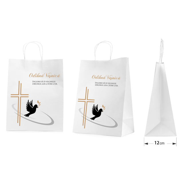 Pungă hârtie kraft ALB pentru parastas, pomană, înmormântare „Drumul Spre Cer” Odihnă Veşnică – mânere răsucite – 26 x 35(H) x 12 cm