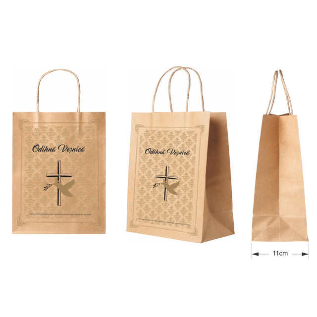 Pungă hârtie kraft NATUR pentru parastas, pomană, înmormântare „Porumbel Auriu” Odihnă Veşnică – mânere răsucite – 27 x 36(H) x 11 cm