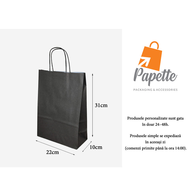 Kraftpapiertüte SCHWARZ mit gedrehten Papierhenkeln 22 x 31(H) x 10cm
