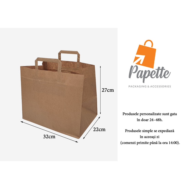 Pungă hârtie kraft NATUR cu mânere plate din hârtie 32 x 27(H) x 22cm