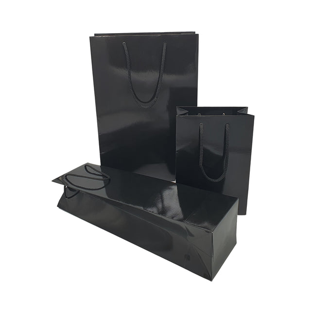 Pungă NEAGRĂ din hârtie premium cu mânere din șnur textil 32 x 40(H) x 12cm