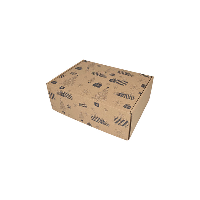 Cutie transport Craciun Blue Snow Glow din carton kraft natur cu fulgi aurii si argintii, 28 x 20 x 10cm – ambalaj cadouri festive