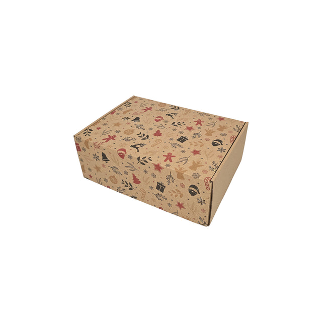 Cutie transport Craciun Holiday Remix din carton kraft natur cu fulgi aurii si argintii, 28 x 20 x 10cm – ambalaj cadouri festive