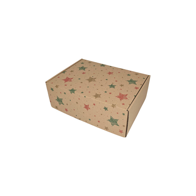 Cutie transport Craciun Merry Mix Stars din carton kraft natur cu fulgi aurii si argintii, 28 x 20 x 10cm – ambalaj cadouri festive