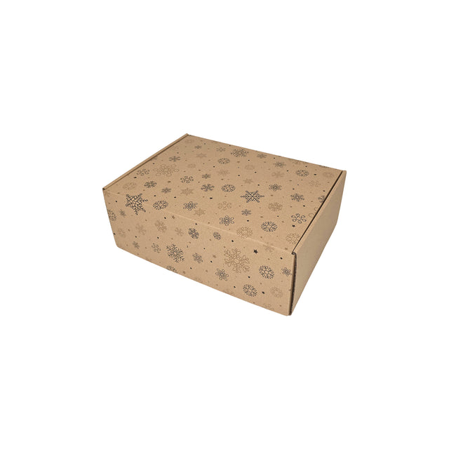 Cutie transport Craciun Snowflakes & Sparkles din carton kraft natur cu fulgi aurii si argintii, 28 x 20 x 10cm – ambalaj cadouri festive