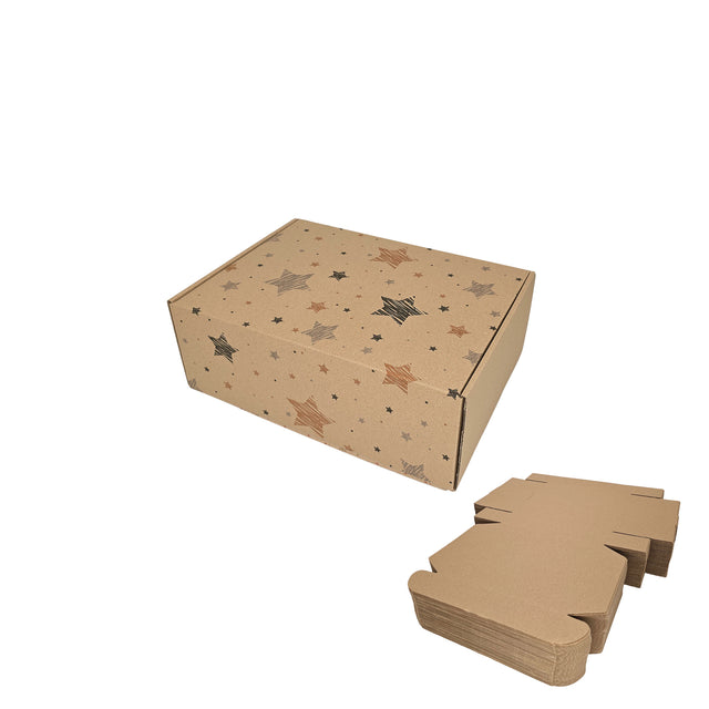 Cutie transport Craciun Star Doodle Night si pachet de cutii pliabile din carton kraft natur cu imprimeu gri si auriu, 28 x 20 x 10cm - ambalaj pentru magazine online