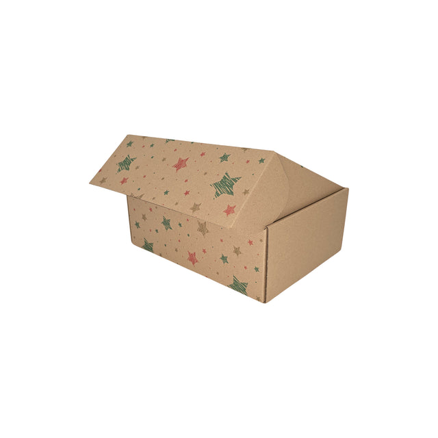 Cutie transport semi-deschisa Craciun Merry Mix Stars din carton kraft natur cu fulgi aurii si argintii, 28 x 20 x 10cm - ambalaj premium pentru sarbatori