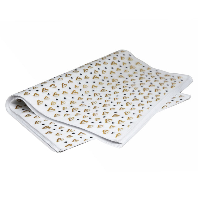 Hârtie de mătase model love Golden Hearts, top de coli pliate 17g/m² – dimensiune 50x75cm