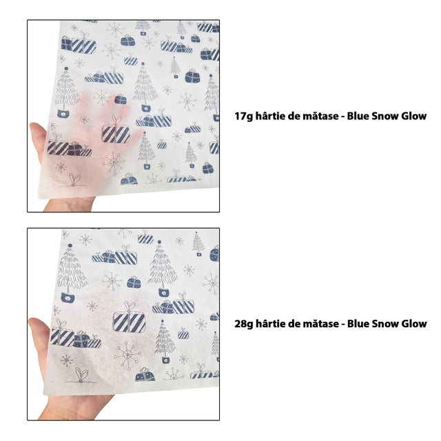 Hârtie de mătase model Crăciun Blue Snow Glow 17 g/m² vs 28 g/m² comparație de transparență, dimensiune 50x75cm