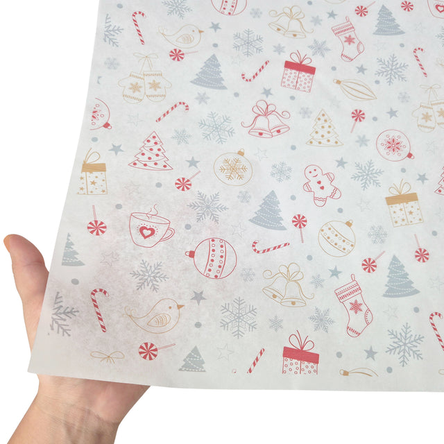 Hârtie de mătase model Crăciun Candy Chaos, textură și transparență, 28gsm – dimensiune 50x75cm