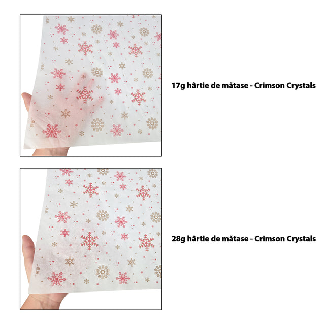 Hârtie de mătase model Crăciun Crimson Crystals 17 g/m² vs 28 g/m² comparație de transparență, dimensiune 50x75cm