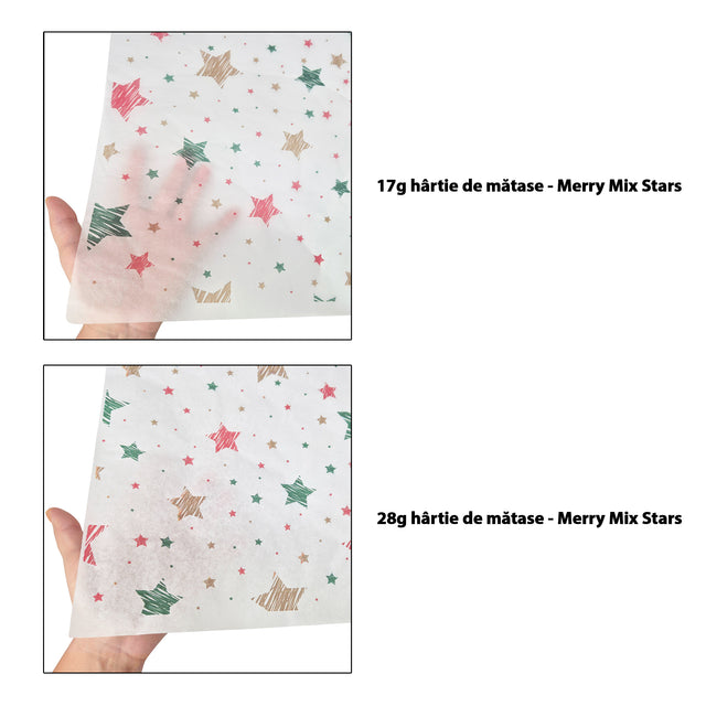 Hârtie de mătase model Crăciun Merry Mix Stars 17 g/m² vs 28 g/m² comparație de transparență, dimensiune 50x75cm