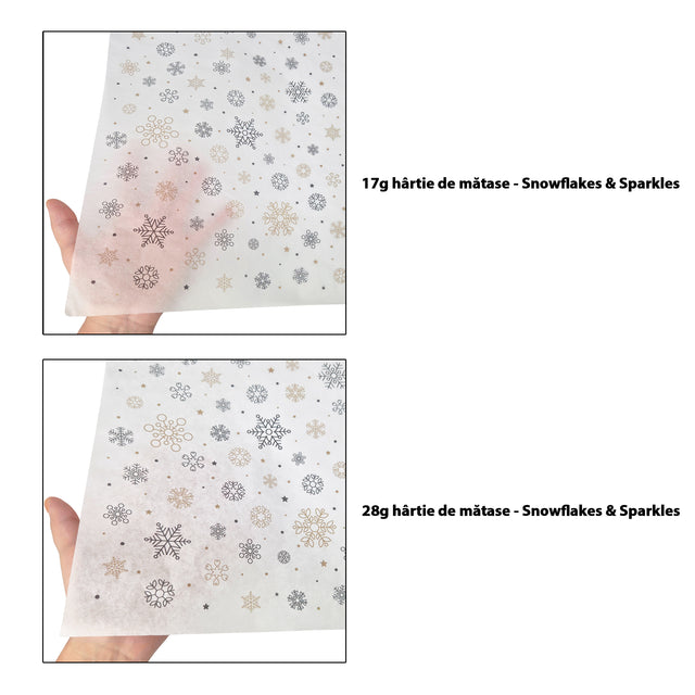 Hârtie de mătase model Crăciun Snowflakes & Sparkles 17 g/m² vs 28 g/m² comparație de transparență, dimensiune 50x75cm
