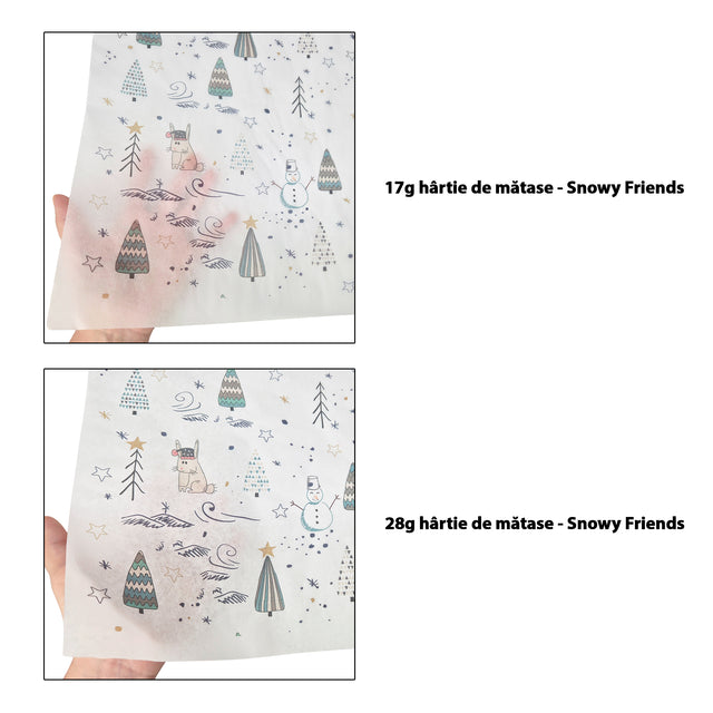 Hârtie de mătase model Crăciun Snowy Friends 17 g/m² vs 28 g/m² comparație de transparență, dimensiune 50x75cm