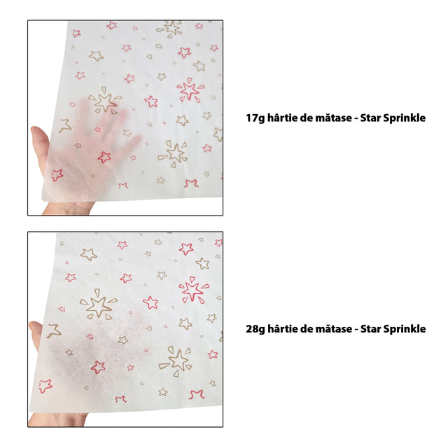 Hârtie de mătase model Crăciun Star Sprinkle 17 g/m² vs 28 g/m² comparație de transparență, dimensiune 50x75cm