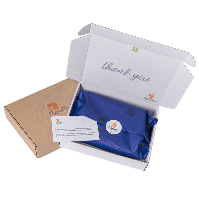 Hârtie de mătase personalizată albastru regal, aranjată într-o cutie de transport si thank you card, 28g/m² – dimensiune 50x75cm