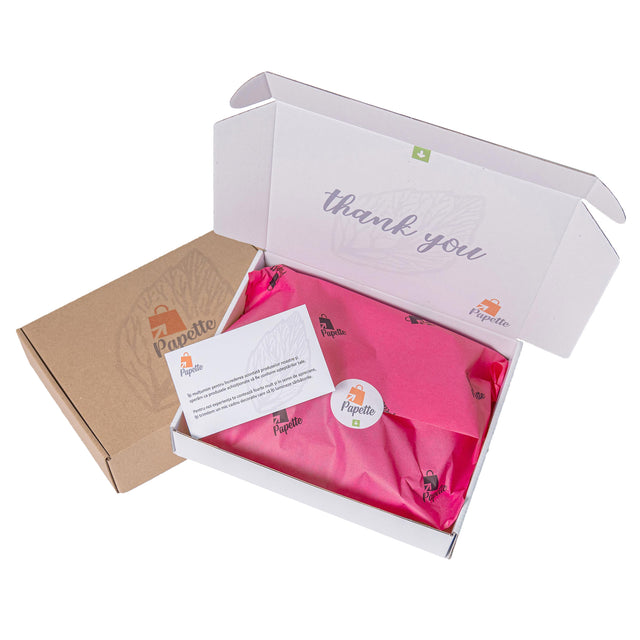 Hârtie de mătase fuchsia, aranjată într-o cutie de transport si thank you card, 28g/m² – dimensiune 50x75cm