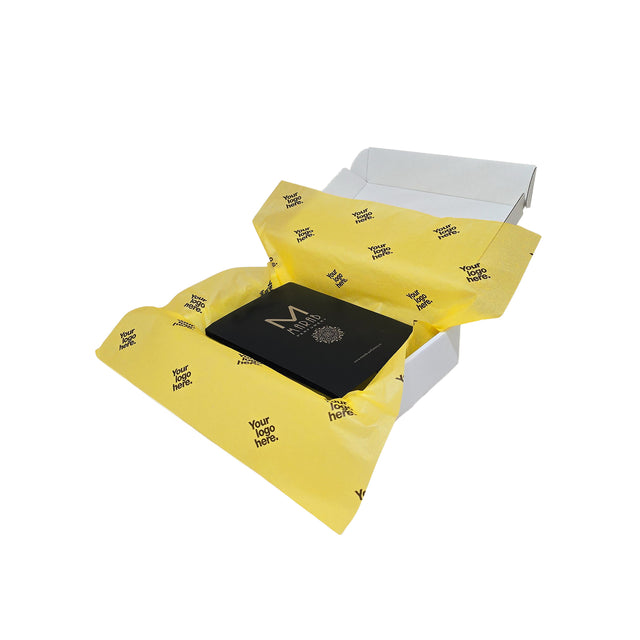 Hârtie de mătase personalizată galbenă, aranjată într-o cutie de transport, 17gr – dimensiune 50x75cm