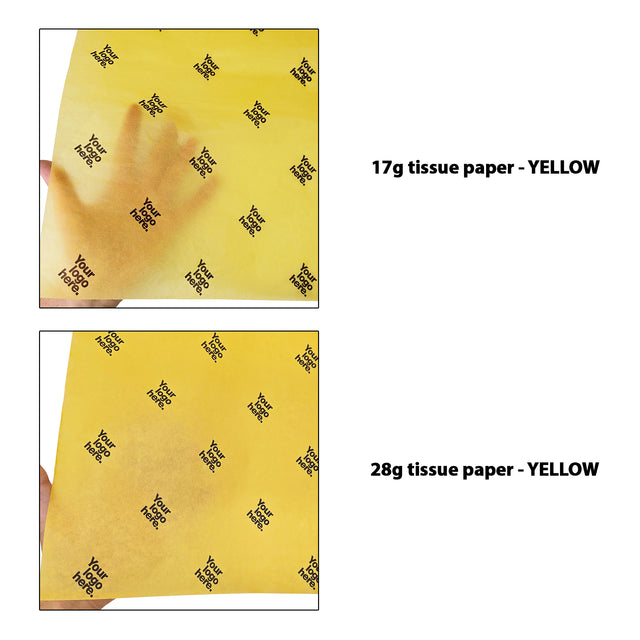 Hârtie de mătase personalizată galbenă, comparație transparențe 17gr vs 28gr, dimensiune 50x75cm