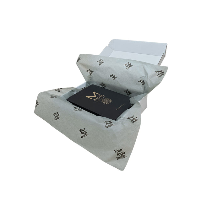 Hârtie de mătase personalizată gri, aranjată într-o cutie de transport, 17g/m² – dimensiune 50x75cm