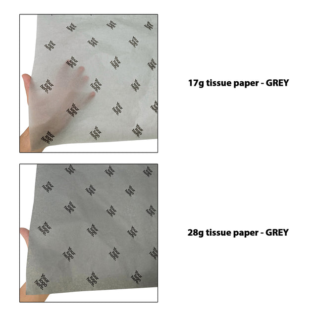 Hârtie de mătase personalizată gri, comparație transparențe 17g/m² vs 28g/m² , dimensiune 50x75cm