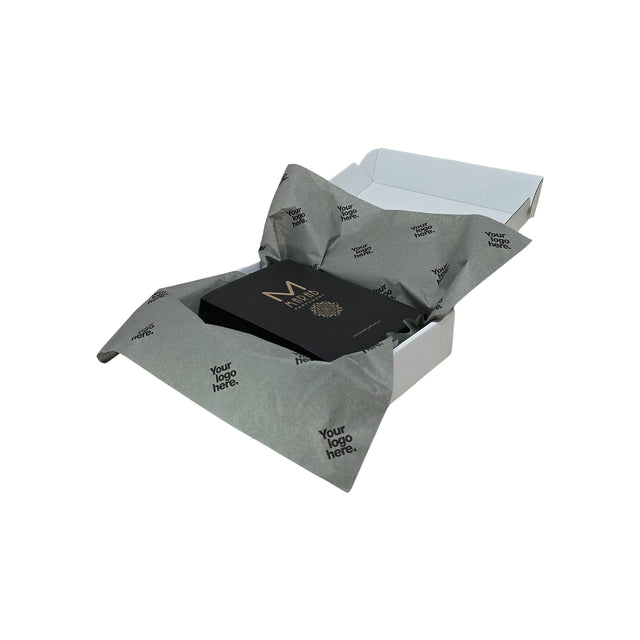 Hârtie de mătase personalizată gri, aranjată într-o cutie de transport, 28g/m² – dimensiune 50x75cm