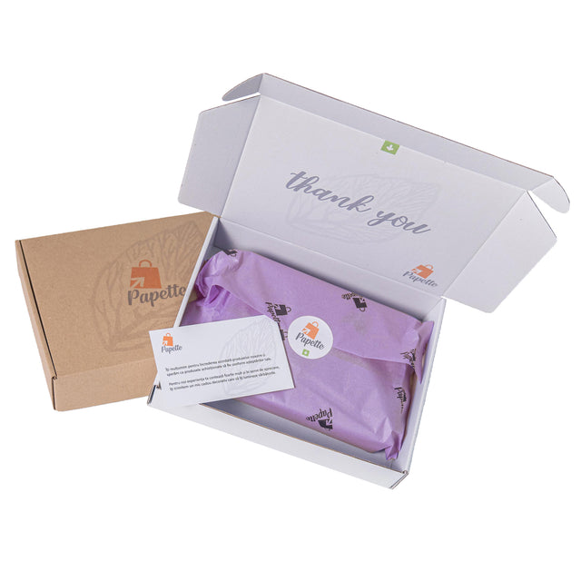Hârtie de mătase lavandă, aranjată într-o cutie de transport si thank you card, 28g/m² – dimensiune 50x75cm