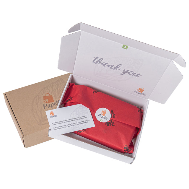 Hârtie de mătase roșie, aranjată într-o cutie de transport si thank you card, 28g/m² – dimensiune 50x75cm