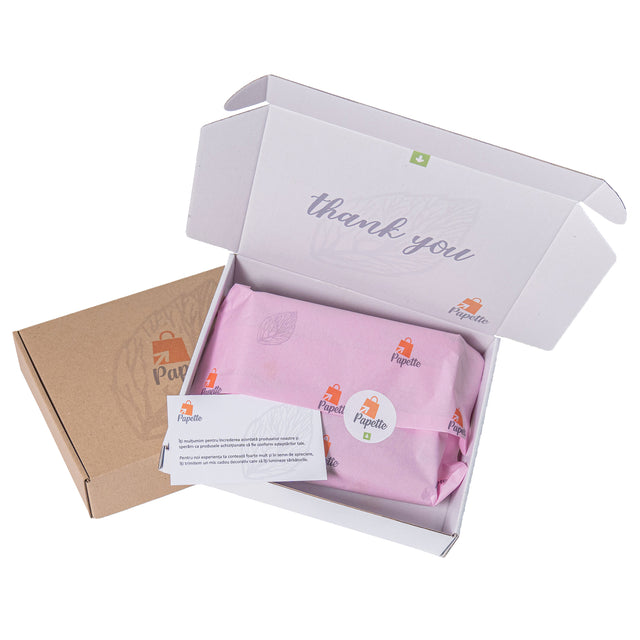 Hârtie de mătase roz pastel, aranjată într-o cutie de transport si thank you card, 28g/m² – dimensiune 50x75cm