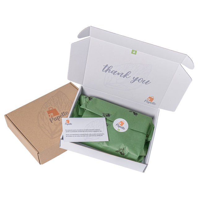 Hârtie de mătase personalizată verde închis , aranjată într-o cutie de transport si thank you card, 28g/m² – dimensiune 50x75cm